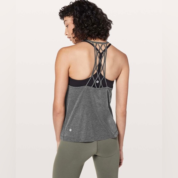 LULULEMON Love Knot Lattice Tank Top Workout Shirt Heathered Black Gray Crochet - Picture 1 of 12